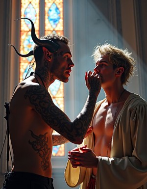 Inside an opulent Christian temple, a masterful depiction of a scene unfolds, blending the fantastical with the sacred. The temple's towering stained glass windows cast multicolored light across the ethereal setting. At the heart of this artwork, a playful demon with intricate, swirling tattoos dominates the scene, his expression both mischievous and captivating. The demon's hand is raised, poised mid-motion, as he engages in an evocative act with a priest whose robes have slipped to reveal bare skin. The priest's face is a mix of surprise and intrigue, framed by his disheveled, graying hair, with his hands clasped, almost holding onto a façade of reverence. The interplay of light, shadow, and emotion invites the viewer into a mesmerizing narrative where the boundaries between virtue and vice are fluid and entrancing.