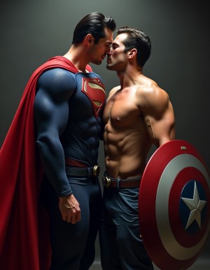 2 hombres, Superman y el Capitán América en un apasionado encuentro, sus trajes icónicos parcialmente retirados, revelando sus cuerpos perfectamente esculpidos. La capa roja de Superman ondea suavemente en el aire, mientras que el escudo del Capitán América reposa olvidado a un lado. Se encuentran en un entorno íntimo y secreto, la luz suave resalta la poderosa conexión entre ellos mientras exploran la fuerza y la vulnerabilidad del otro con devoción.