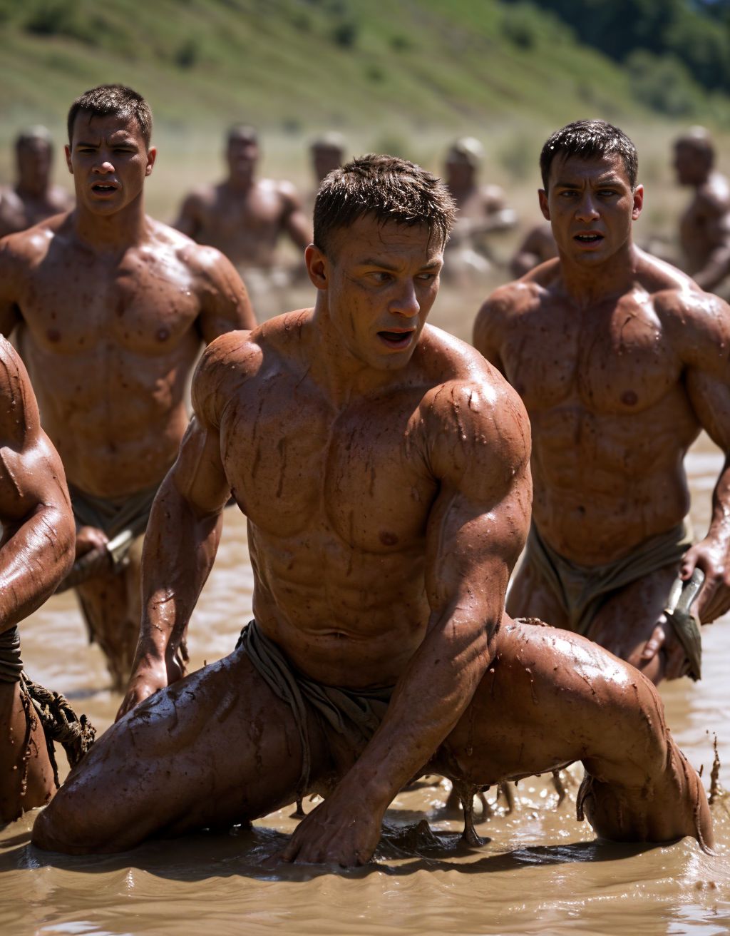 Un grupo de soldados desnudos, sus cuerpos musculosos reluciendo bajo el sol, luchando entre el barro en un campo de batalla. La escena es intensa, con barro salpicando mientras se enredan en una lucha cuerpo a cuerpo, sus cuerpos sudorosos llenos de fuerza y determinación. La atmósfera es cruda y apasionada, capturando la energía del momento.