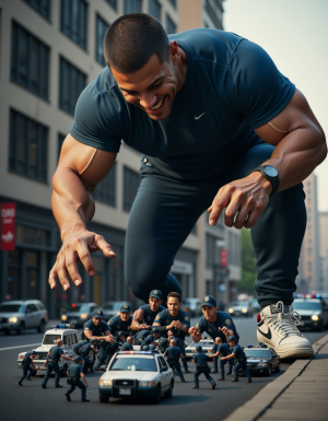 Hiper-realista render, hombre gigante musculoso de 22 años, físico imponente y atlético, vestido con chandal deportivo ajustado y zapatillas Nike de alta calidad, sonriendo con confianza y satisfacción, aplastando a un grupo de hombres diminutos que miden 1cm, policías uniformados con rostros de miedo y desesperación, con sus vehículos y equipo de policía también miniaturizados, en un entorno urbano con edificios y coches a escala normal, iluminación dramática y sombras profundas, texturas detalladas y realistas, foco en la escena de aplastamiento con los policías diminutos intentando escapar, expresiones faciales detalladas y emotivas, ambiente de poder y dominación, renderizado de alta calidad con luces y sombras realistas.