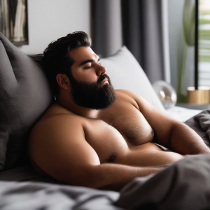 hombre peludo gordito en la cama desnudo