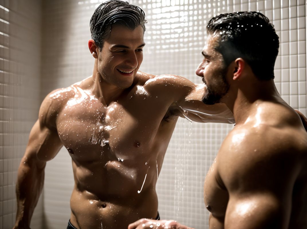 A hyperrealistic image, evocative of a gritty documentary style, depicting three South American men of diverse ages (20s, 30s, 40s), their physiques varying in muscularity, playfully wrestling and splashing each other in a dimly lit locker room shower.  The central figure, a powerfully built man in his 30s with dark, tanned skin, a close-cropped beard, and intense eyes, playfully wrestles a younger, leaner man. His expression is one of mischievous glee.  He wears only a pair of faded, dark grey athletic shorts, their texture slightly damp. The older man, with graying temples and a more relaxed posture, watches with an amused smile, leaning against the tiled shower wall.  The showerhead, a chrome fixture dripping water, is positioned in the background.  The tiles are worn, a mix of glossy white and dull grey, hinting at years of use. The air is thick with steam, creating a hazy atmosphere. The lighting is predominantly low-key, with the shower's spray highlighting the men's bodies, creating a contrast between glistening skin and shadowed areas. The composition is a dynamic, slightly low-angle shot, focusing on the central action but capturing the entire space. The overall mood is playful and masculine, with a hint of nostalgic camaraderie.  Colors are muted, focusing on the tones of damp skin, grey tiles, and chrome accents, with the exception of the warm undertones of the men's skin.  The style leans towards photorealism, with a slight desaturation for a moodier feel.