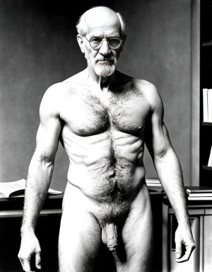 Sigmund Freud desnudo musculoso. Tiene el pecho velludo y brazos velludos. Está de pie. Está totalmente desnudo musculoso. Tiene pene grande erecto. Tiene testículos grandes. Tiene mucho vello y pelo. Foto muy realista texturas 8k. Está rodeado de libros de psicología tobogán laboratorio. Rodeado de dos hombres desnudos velludos. Hay un ambiente de psicología cercanía personal, compresión. Freud era un médico austríaco especializado en neurología. Es el padre del psicoanálisis y se le considera una de las figuras intelectuales más importantes del siglo XX.