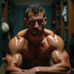 (((Masterpiece, detailed))) POV scene, a nude muscular rugby player with a rugged physique, realistic skin textures, sweat glistening on his skin. He has an intense expression, the aftermath of passion visible on his face. Locker room setting, sports gear scattered around, dynamic pose, expressive face, high-resolution rendering, emphasis on strong athletic form, sensual and dramatic mood, intense focus on the moment, detailed anatomy captured, intimate and powerful scene.