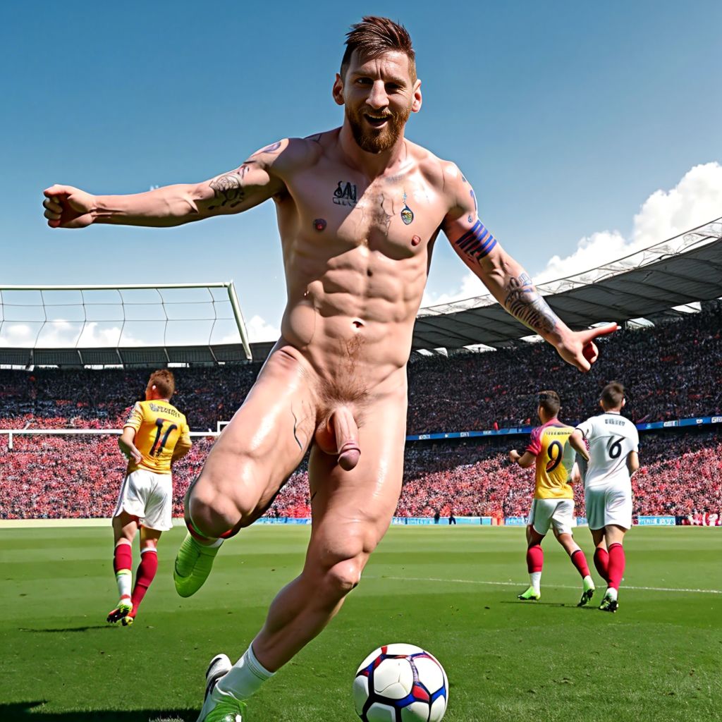 Lionel Andrés Messi Cuccittini está totalmente desnudo. Tiene a la vista su pene bonito y grande. Tiene los testículos grandes y bonitos. Está de pie en el césped del campo de fútbol. Está rodeado de hombres futbolistas totalmente desnudos, corriendo atléticamente.