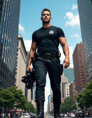 Giant man. The image is a high-resolution photograph capturing a dramatic scene in a bustling city street, likely in New York City, given the iconic skyscrapers and urban landscape. The central figure is a muscular man with a beard and a muscular build, dressed in a black SWAT team uniform, including a t-shirt, and heavy-duty boots. He stands tall, but the perspective is exaggerated, making him appear much larger than life, as if he is towering over the city street. His right hand holds a black utility belt with various tools and equipment, typical of a police officer or SWAT team member. The background features a clear, blue sky with a few wisps of clouds.