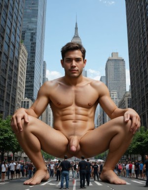 Giant man. The image is a high-resolution photograph taken in New York City, featuring a giant man in his mid-30s, he is completely nude. He is positioned in a dramatic, low-angle perspective, giving the illusion that he is towering over the city. He sits on a street, with his legs spread wide, hands resting on his knees, and a contemplative expression on his face. 

The background showcases a bustling urban landscape with towering skyscrapers, including the iconic Empire State Building and other recognizable New York landmarks.