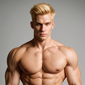 A portrait of a dominant 19-year-old man with sculpted muscles and striking blonde hair, exuding confidence. He wears stylish, fitted clothing that accentuates his physique, showcasing an air of authority and allure. The lighting highlights his strong jawline and intense gaze, creating a captivating and commanding presence. In the background, subtle luxurious elements suggest his findom lifestyle, enhancing the overall engaging atmosphere of the image.