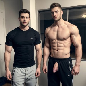 Un chico de 18 años sin camiseta, torso desnudo, vistiendo pantalones de chandal, junto a un hombre musculoso de 30 años, pene visible, ambos en un ambiente relajado, piel realista, anatomía detallada, ropa deportiva, entorno casual.