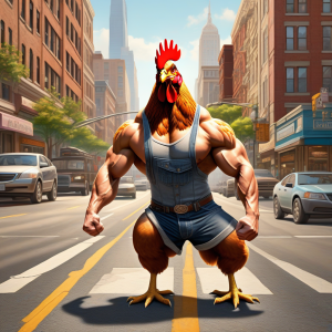 hombre musculoso gallina en la calle