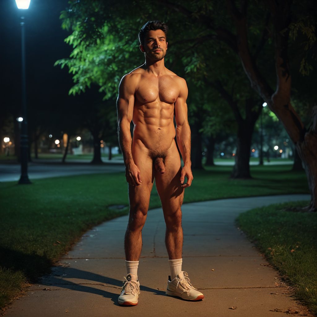 Hombre en zapatillas nike desnudo en la noche en un parque vacío