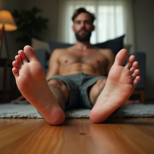 Alpha male pov from the floor, he's showing his bare feet to the camera