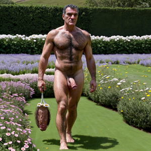 António Banderas desnudó con un bonito pene grande y testículos grandes y peludos Esta de pie andando por un jardín de margaritas