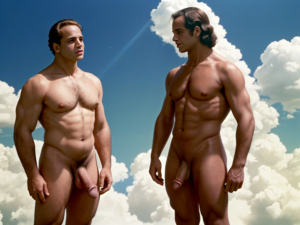 Rodolfo Valentino y Marlon Brando totalmente desnudo. Está de pie, de cuerpo entero enseñando su gran pene. Está flotando entre las nubes blancas del cielo azul. Tiene mucho vello en el pecho. La luz del Sol ilumina todo su cuerpo.