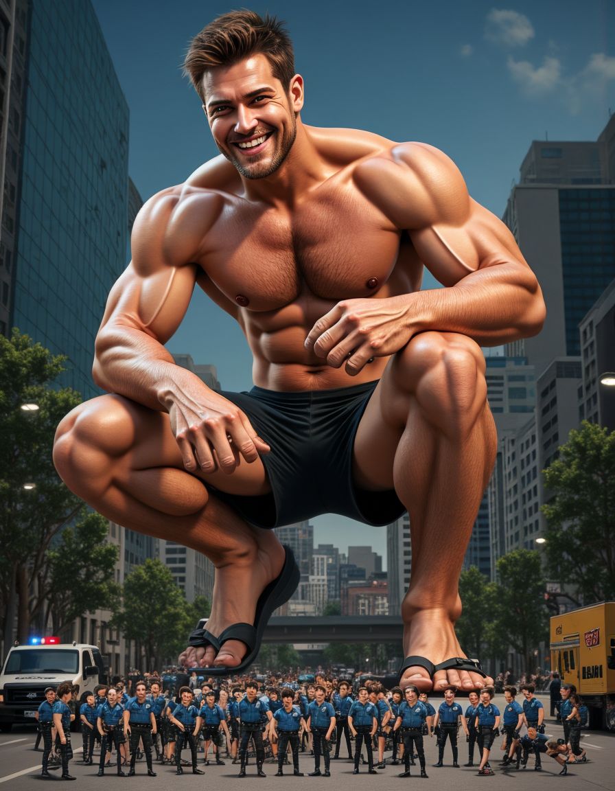 Hiper-realista render, hombre gigante musculoso de 22 años, físico imponente y atlético, vestido con chandal deportivo ajustado y sandalias, sonriendo con confianza y satisfacción, aplastando a un grupo de hombres diminutos que miden 1cm, policías uniformados con rostros de miedo y desesperación, con sus vehículos y equipo de policía también miniaturizados, en un entorno urbano con edificios y coches a escala normal, iluminación dramática y sombras profundas, texturas detalladas y realistas, foco en la escena de aplastamiento con los policías diminutos intentando escapar, expresiones faciales detalladas y emotivas, ambiente de poder y dominación, renderizado de alta calidad con luces y sombras realistas. Macrophilia.