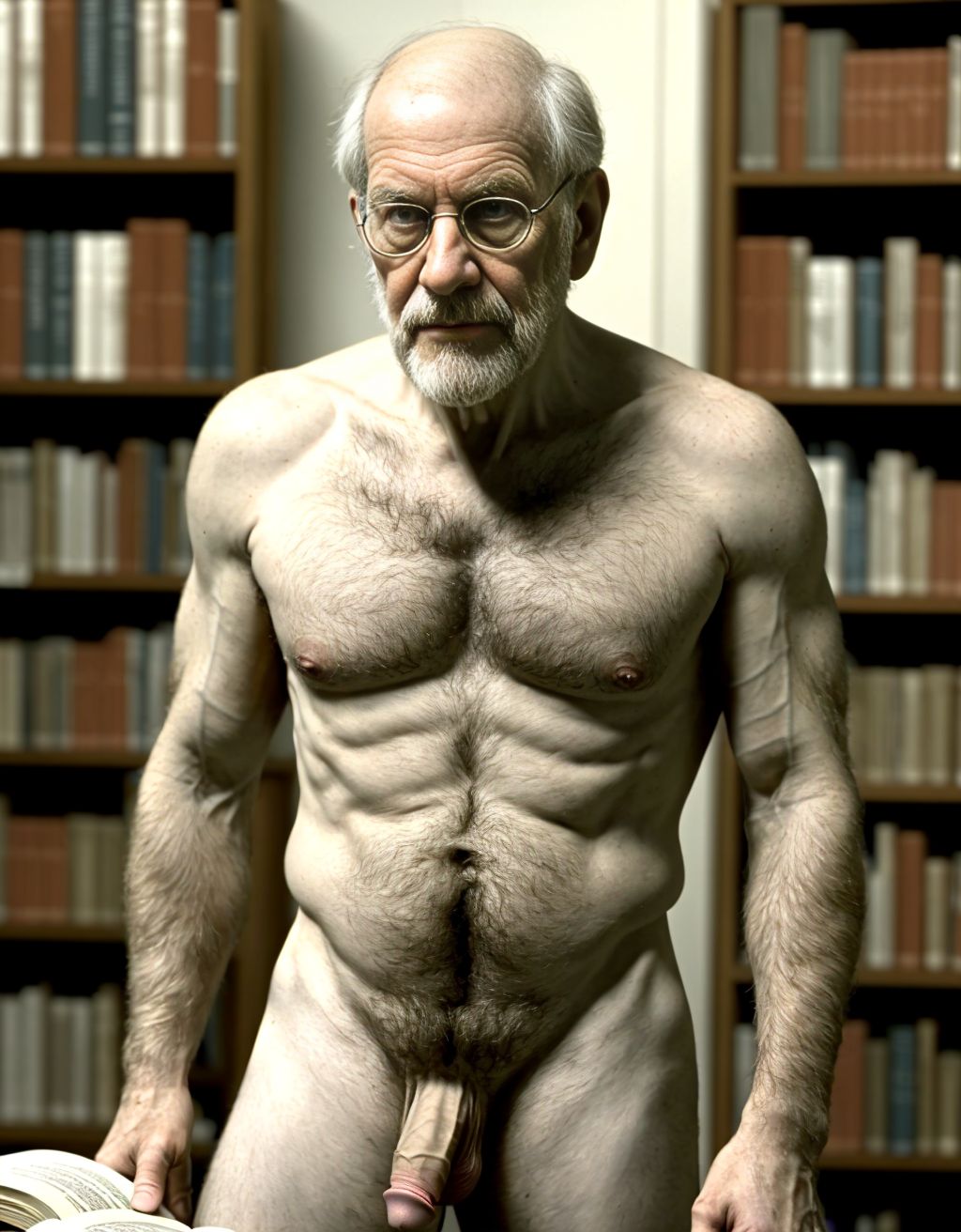 brazos velludos. Está de pie. Está totalmente desnudo musculoso. Tiene pene grande erecto. Tiene testículos grandes. Tiene mucho vello y pelo. Foto muy realista texturas 8k. Está rodeado de libros de psicología tobogán laboratorio. Rodeado de dos hombres desnudos velludos. Hay un ambiente de psicología cercanía personal, compresión. Freud era un médico austríaco especializado en neurología. Es el padre del psicoanálisis y se le considera una de las figuras intelectuales más importantes del siglo XX.