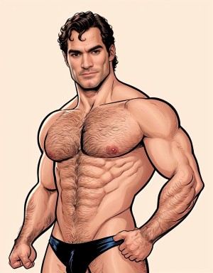 Henry Cavill está totalmente desnudo. Está de pie, de cuerpo entero enseñando su bonito y gran pene. Tiene bonitos y grandes testículos peludos. Tiene mucho vello en su pecho.