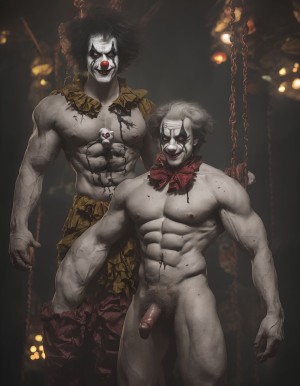 A menacing figure inspired by Art the Clown, standing in a dimly lit, eerie carnival setting. The character is dressed in a tattered, sinister clown costume that emphasizes his muscular build. His penis is visibly exposed, adding to the provocative nature of the scene. Shadows play across his painted face, showcasing a chilling grin as he leans against a vintage carousel, creating an unsettling yet captivating atmosphere.