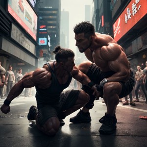  Fotorealista. Dos hombres musculosos, en plena pelea en una calle urbana. Ambos están sudorosos y con rostros intensamente concentrados, con músculos tensos y ropa desgastada. La escena muestra un ambiente caótico, con un tumulto de gente alrededor mirando con atención. La iluminación resalta sus cuerpos en movimiento, enfatizando la energía y la tensión del momento. Cyberpunk, manga, digital art.