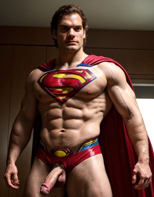 Henry Cavill está totalmente desnudo y musculoso. Tiene un pene grande. Tiene dos testículos grandes. Tiene vello en el pecho y tiene vello en los brazos. Tiene mucho vello y pelo. Foto muy realista texturas 8k. Está ambientado volando por el aire. Superman.