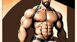 A muscular man with an athletic build, wearing a harness and a revealing suspensorio. He has a bit of facial hair, adding to his rugged appearance. The setting is a dimly lit space, with dramatic shadows highlighting his defined muscles, creating an intense and captivating ambiance. ((( visible penis)))