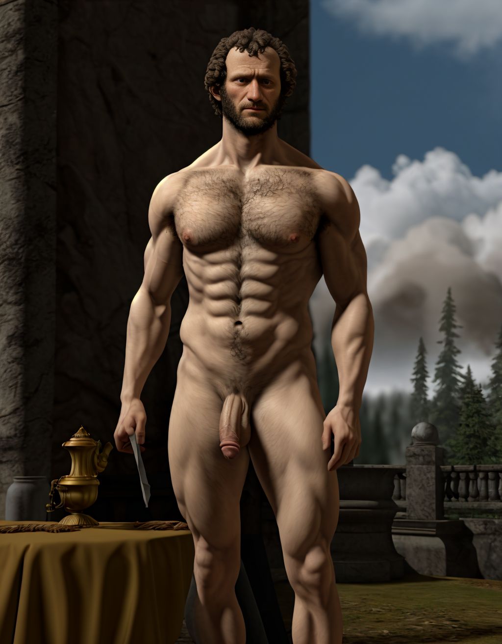 Napoleón Bonaparte desnudo. Tiene el pecho velludo y brazos velludos. Está de pie. Está totalmente desnudo musculoso. Tiene pene grande erecto. Tiene testículos grandes. Tiene mucho vello y pelo. Foto muy realista texturas 8k. Está rodeado de cañones de la época napoleónica.