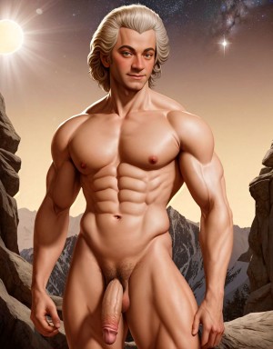 Wolfgang Amadeus Mozart de cuerpo entero de pie desnudo musculoso. Tiene un pene muy grande. Tiene dos testículos grandes. Tiene mucho vello en el cuerpo. Musculoso. Foto muy realista texturas 8k. Rodeado de estrellas y el sol reluciente que ilumina la cara y todo el cuerpo.