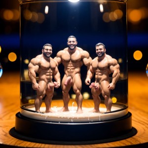 Dentro de un tarro de cristal transparente con miniaturas de tres hombres desnudos musculosos velludos dentro. Están contentos y alegres. Tienen la boca abierta. Son pudorosos. Tienen el pene grande. Tienen los huevos grandes y peludos. Tienen mucho semen líquido blanco saliendo por el glande con placer.