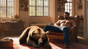 Rugged man with a bear dad bod body type, lounging casually in a cozy setting, soft lighting casting gentle shadows on his thick, hairy chest, his relaxed posture exuding confidence and warmth, realistic setting