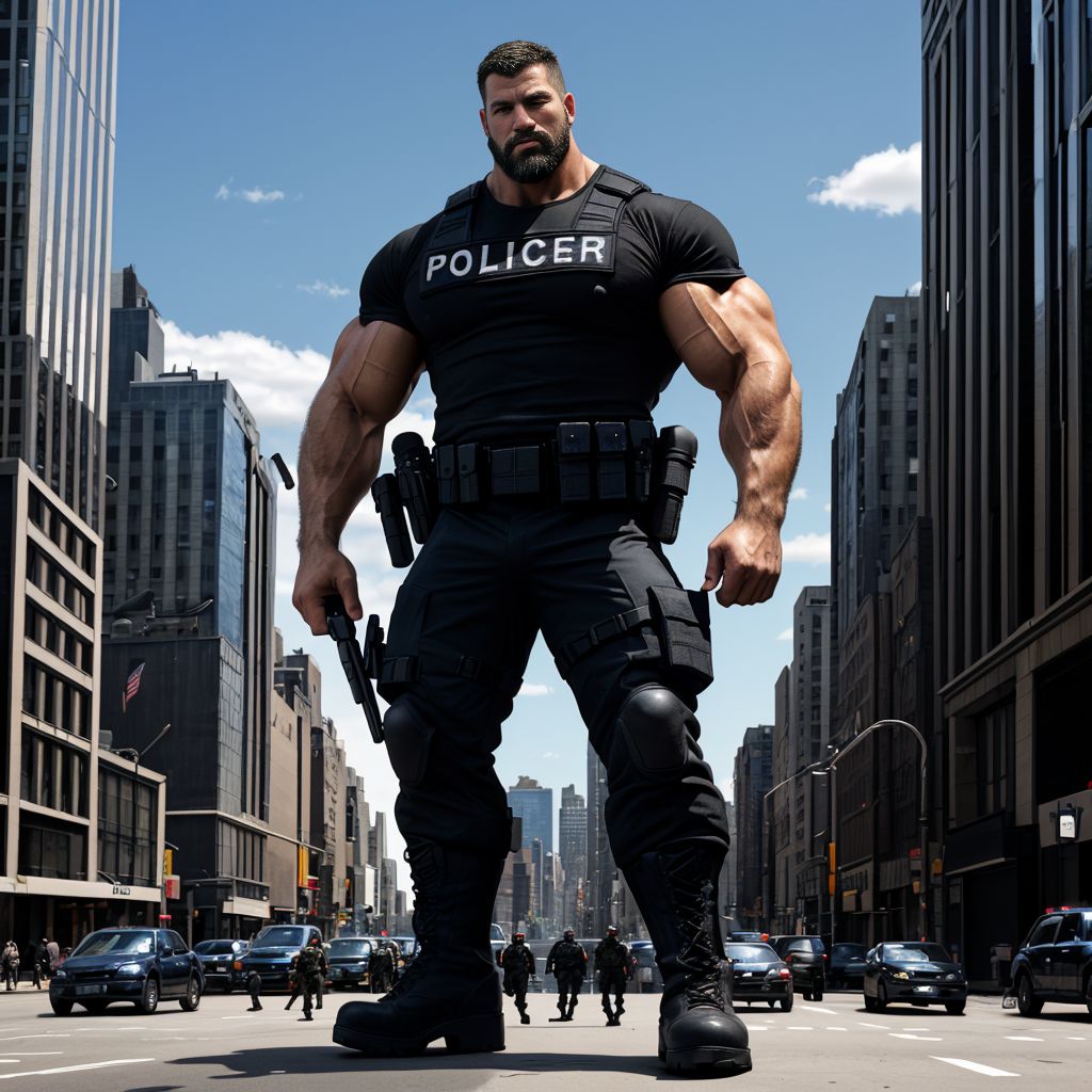 Giant man. The image is a high-resolution photograph capturing a dramatic scene in a bustling city street, likely in New York City, given the iconic skyscrapers and urban landscape. The central figure is a muscular man with a beard and a muscular build, dressed in a black SWAT team uniform, including a t-shirt, and heavy-duty boots. He stands tall, but the perspective is exaggerated, making him appear much larger than life, as if he is towering over the city street. His right hand holds a black utility belt with various tools and equipment, typical of a police officer or SWAT team member. The background features a clear, blue sky with a few wisps of clouds.