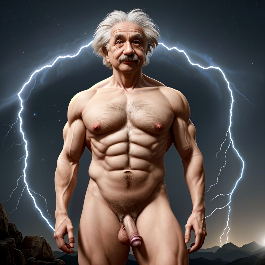 Albert Einstein, científico alemán. Está totalmente desnudo musculoso con pene grande y testículos grandes. Tiene mucho vello en el pecho brazos y piernas. Musculoso. Foto muy realista texturas 8k. Rodeado de electricidad rayos y de estrellas y sol reluciente que ilumina la cara y todo el cuerpo.