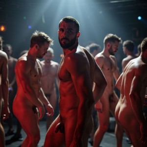 Inside the iconic Berghain nightclub a naked handsome man with penis visible looking at viewer, dancing sensualy, the pulsating beats reverberate through the cavernous space. In the dimly lit, industrial setting, a group of nude men move with rhythmic elegance, their bodies glistening under sporadic flashes of multicolored lights. The atmosphere is charged, as their graceful, uninhibited dance showcases raw expressions of freedom and sensuality. Visible in this immersive scene is a focus on their natural allure, enhancing the ambiance of unbridled liberation and self-expression that epitomizes the Berghain experience. highly detailed, photoralist.