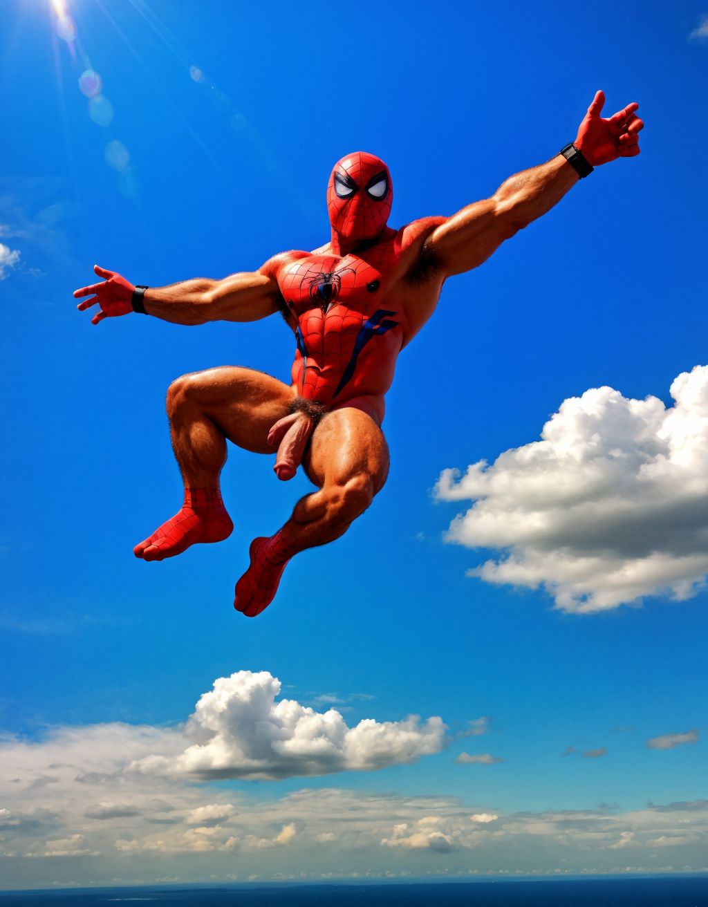 Spiderman velludo musculoso totalmente desnudo volando acostado en horizontal sobre una nube en cielo azul. Tiene el pene grande. Tiene los huevos grandes y peludos.