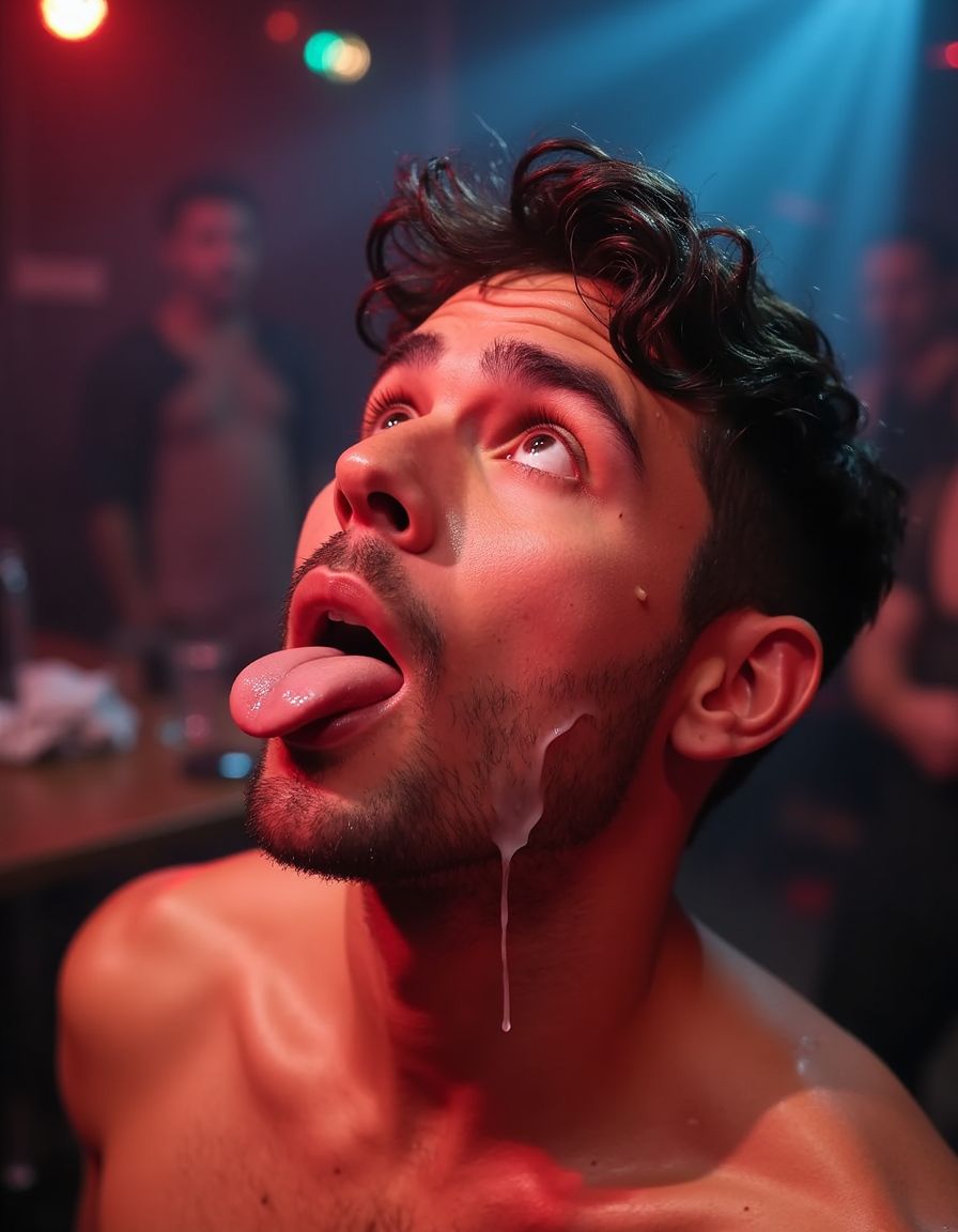 Handsome 25 year-old man looking up after a blowjob, face covered in sperm, handsome, thick muscular neck, tongue out, very surprised look, dark black hair, thick black eye brows, blush, in a gay club, bokeh, very light stubble, cum on tongue, cum on cheeks, cum dropping off left eyebrow, blowjob, view from above