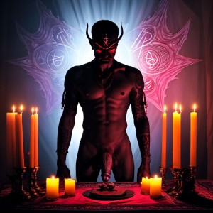 (Encargo) Un maestro satánico, desnudo, con su pene visible, de pie en un altar decorado con símbolos oscuros y velas encendidas. La atmósfera es intensa, con luces tenues proyectando sombras dramáticas que resaltan su figura imponente y aura dominante. Su expresión es desafiante, mientras la escena evoca un sentido de poder y ritual.