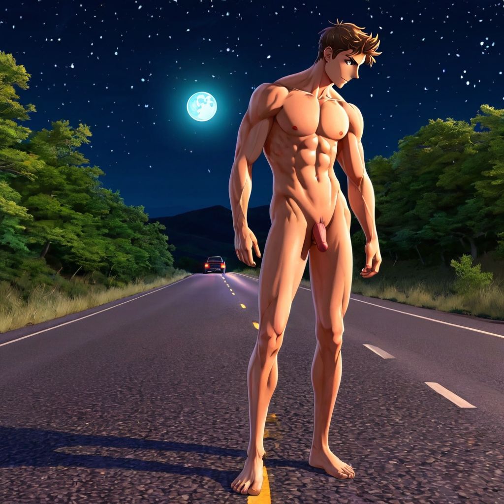 Un hombre desnudo bajo la luz de la luna, haciendo autoestop en una carretera desierta. Su piel brilla con la luz de la noche, y su cuerpo musculoso se destaca en la oscuridad. Un coche se acerca, los faros iluminan su figura, creando un ambiente intrigante y emocionante. La escena refleja una mezcla de vulnerabilidad y deseo, mientras la brisa nocturna acaricia su piel expuesta. pene visible