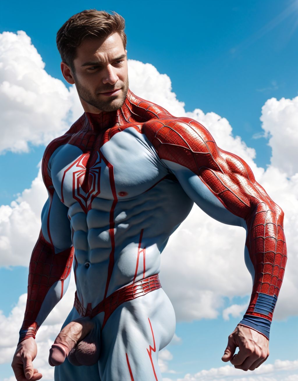 Spiderman velludo musculoso totalmente desnudo volando acostado en horizontal sobre una nube en cielo azul. Tiene el pene grande. Tiene los huevos grandes.