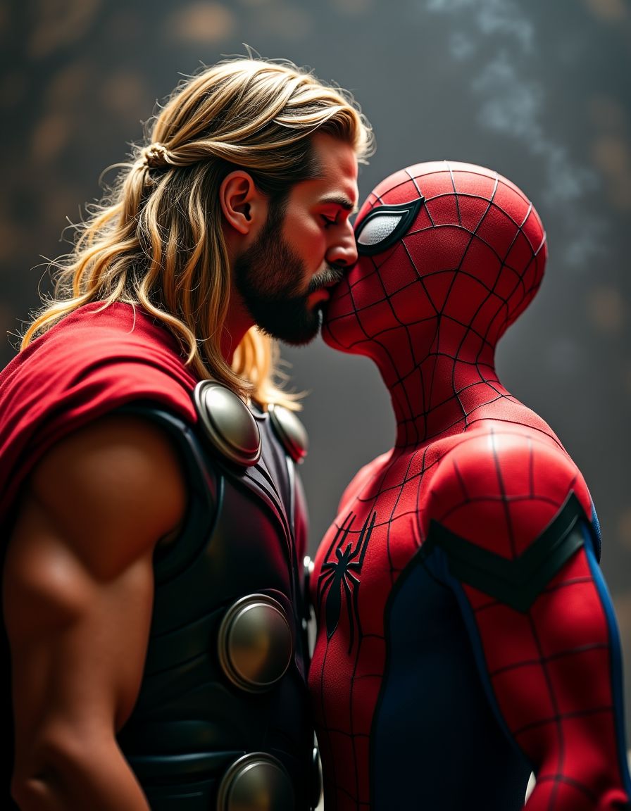 Close-up image of Thor, the muscular god of thunder, and Spiderman, the agile hero, passionately kissing in a dimly lit room. Thor's golden locks cascade over his broad shoulders as he leans in, his rugged stubble brushing against Spiderman's smooth, masked face. Spiderman's costume clings tightly to his athletic form, emphasizing his toned physique. Between them, their visible bulges press together, revealing a hint of their aroused lengths. The atmosphere crackles with electricity as they indulge in their forbidden desire, lost in the heat of the moment.