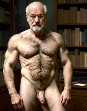 Sigmund Freud desnudo musculoso. Tiene el pecho velludo y brazos velludos. Está de pie. Está totalmente desnudo musculoso. Tiene pene grande erecto. Tiene testículos grandes. Tiene mucho vello y pelo. Foto muy realista texturas 8k. Está rodeado de libros de psicología tobogán laboratorio. Rodeado de dos hombres desnudos velludos. Hay un ambiente de psicología cercanía personal, compresión. Freud era un médico austríaco especializado en neurología. Es el padre del psicoanálisis y se le considera una de las figuras intelectuales más importantes del siglo XX.