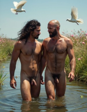 Hiperrealismo en 8K: Dos hombres desnudos: Antonio y Pedro. Dos hombres impresionantes en un río de agua cristalina. Antonio tiene cabello largo y moreno, con una intensa cantidad de vello en pecho, brazos y piernas, exhibiendo su marcado cuerpo, su virilidad manifestada en su presencia y con pene muy grande y grandes testículos. Pedro está calvo y su cuerpo está cubierto de vello en pecho, brazos y piernas, su fuerza y masculinidad claramente visibles y tiene un pene grande y tiene los testículos grandes. Ambos rodeados de un campo lleno de hierba verde y flores coloridas, también hay pájaros y palomas blancas volando alrededor. El viento mueve y ondula el cabello de Antonio, mientras los rayos del sol iluminan sus cuerpos, proyectando un aura de plenitud.