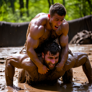 Dos hombres desnudos luchando en el barro