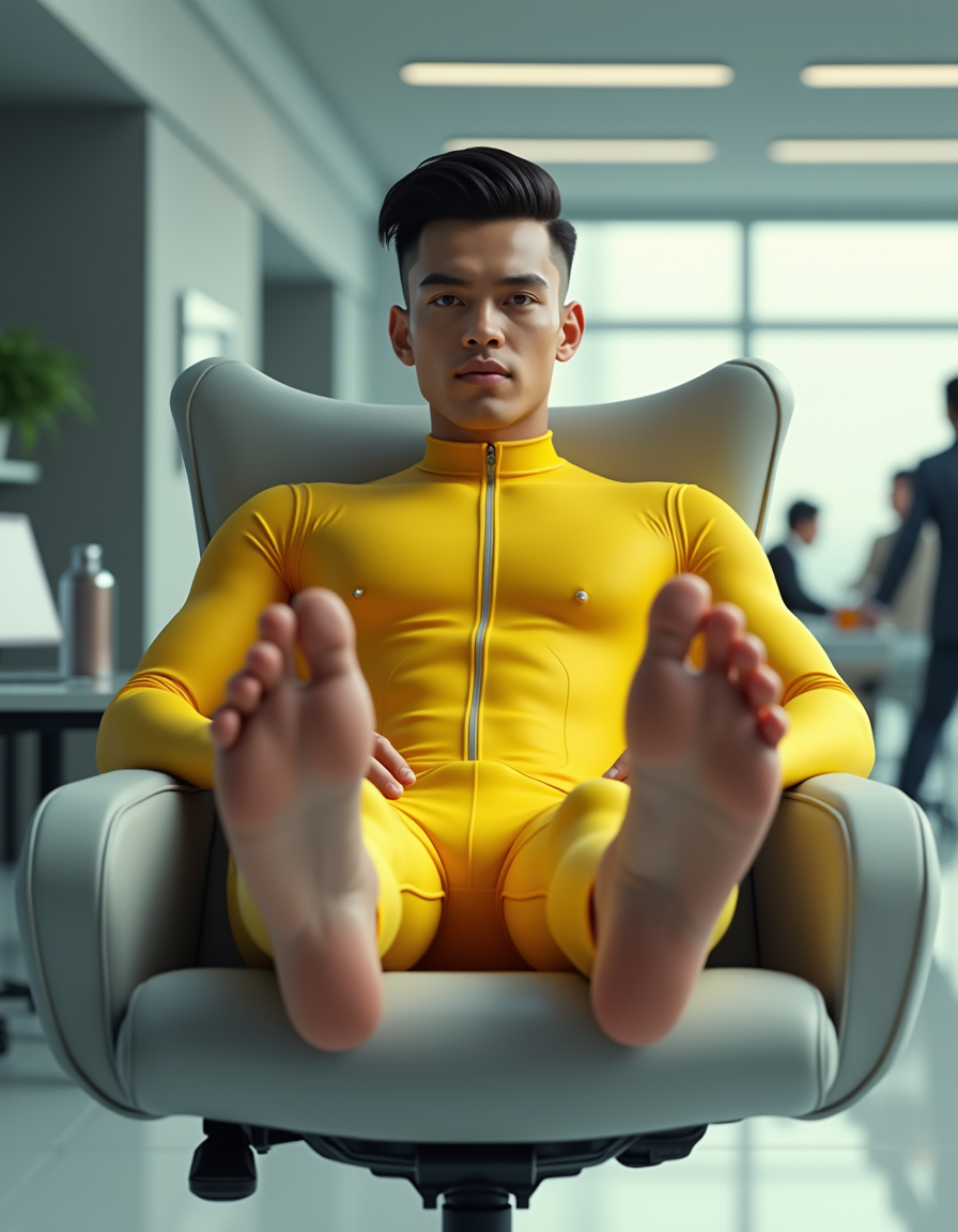 Photorealistic render, vivid detail, ultra-HD, confident young man with sleek hairstyle wearing tight-fitting futuristic yellow bodysuit, barefoot with feet prominently displayed in foreground, soles detailed and realistic, dominant and carefree expression, leaning back relaxed on modern office chair, technological and minimalist office setting with subtle futuristic design elements, detailed foot texture and anatomy clearly visible, cinematic lighting, bright and balanced color composition, futuristic vibes, smooth and realistic textures, professional-grade rendering quality.