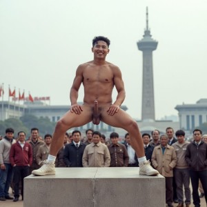 fr33dom,j4pan, indianwrestle A 35mm photo from National Geographic of a 2 men on all fours from behind legs spread showing anus, on a pedestal in Kim Il Sung Square. Juche Tower is visible in the background. He is naked, showing his erect penis. He is wearing sneakers. He is handsome, and smiling. His age is 20. Men are watching him. They are all fully clothed. They are cheering and laughing.