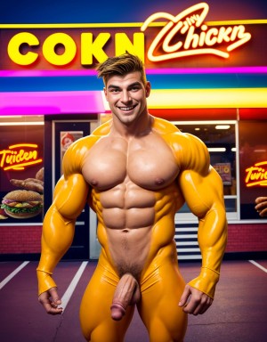 Hombre musculoso con disfraz de pollo ajustado, mostrando piel, pene visible, delante de un restaurante de comida rápida, sonriendo seductoramente, cartel de promoción en mano, fondo de luces neon, ambiente animado.