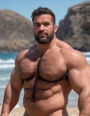 (masterpiece:1.2), (highly detailed), (ultra realistic photography:1.3), RAW photo, Go Fugimoto style, Bara style, Bara Manga, sunny beach setting, Fuerteventura, warm natural lighting, strong shadows, ultra hairy, tall, muscled, bulky, huge, big beefy man in his 35s, good-looking, standing confidently on the beach, calm expression, looking directly at the camera, defined muscles, broad shoulders, thick arms, massive chest, visible abs, rugged masculine features, short styled hair, full beard, tanned skin, beach background with gentle waves, clear blue sky, cinematic composition, professional photography, 85mm lens, DSLR quality