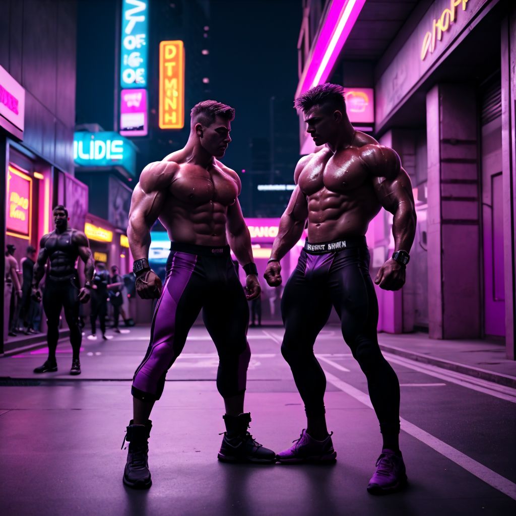 Two muscular men engaged in a fight on an urban street. Both are sweaty and intensely focused, with tensed muscles and worn-out clothing. The scene captures a chaotic environment, with a crowd of onlookers watching intently. The lighting highlights their bodies in motion, emphasizing the energy and tension of the moment.