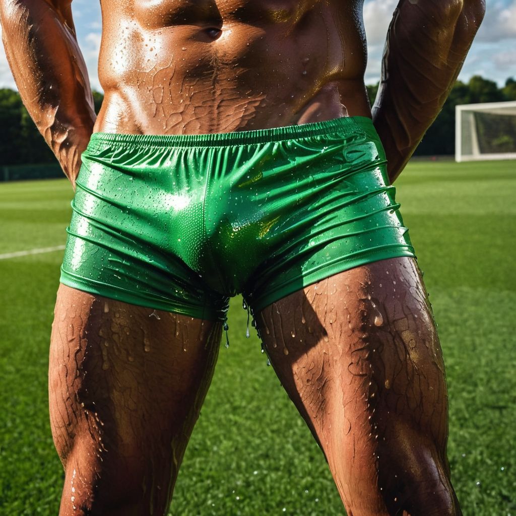 A close-up POV of a wet bulge of a male soccer player, adorned in tight-fitting shorts that cling to his muscular form. The fabric is soaked, accentuating the impressive outline beneath. Sunlight glistens off his skin as he stands on the vibrant green pitch, ready to kick the ball, showcasing a blend of athleticism and temptation.