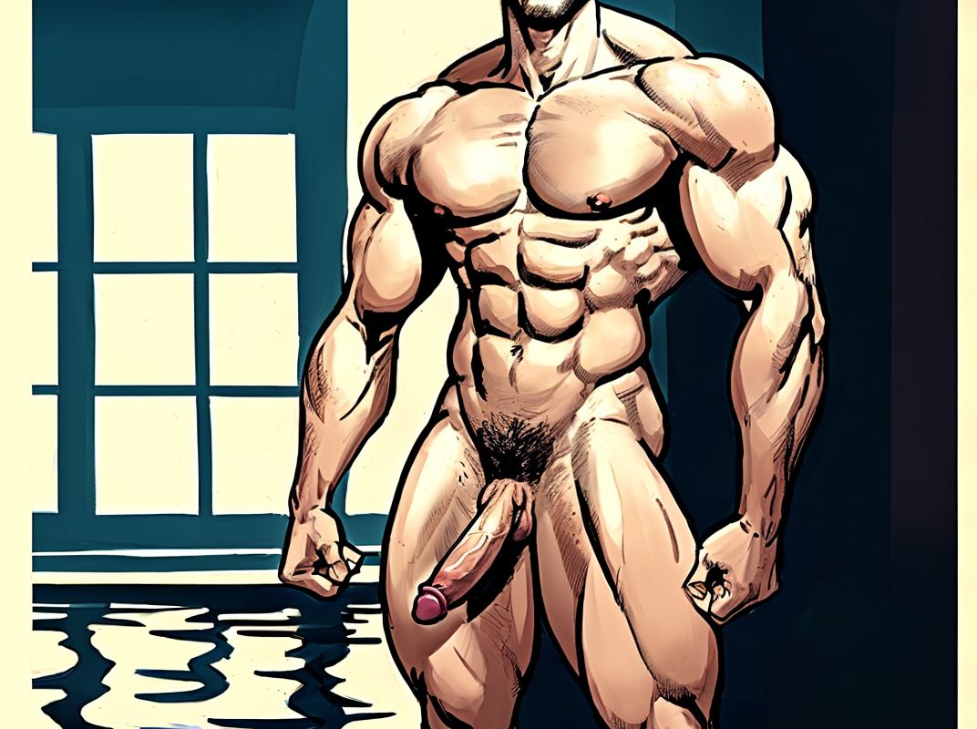 A man with a muscular build, standing confidently, his penis in view, as a gentle stream flows outward, in a dimly lit room, capturing the moment with a sense of raw vulnerability and freedom.