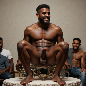 man with crew cut hair and stubble, african american, 45 yeas old,  tall, nude, naked, background blurred, legs, calves, bare feet, barefoot, smiling, sexy, handsome, rugged, frontal nudity, full body including perfect feet, on modeling platform, erect penis curving upward, proud, confident, showing off erection, looking to the side, artistic pose, (smiling bearded men seated behind modeling platform looking at model), (bearded men seated in front of modeling platform looking at model)