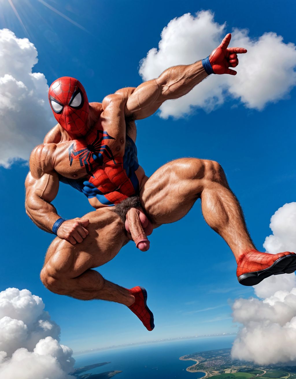 Spiderman velludo musculoso totalmente desnudo volando sobre una nube en el cielo azul. Tiene el pene grande. Tiene los testículos grandes y peludos. Volando. Está feliz. Tiene la piel limpia y húmeda. Tiene ojos verdes y dientes blancos.